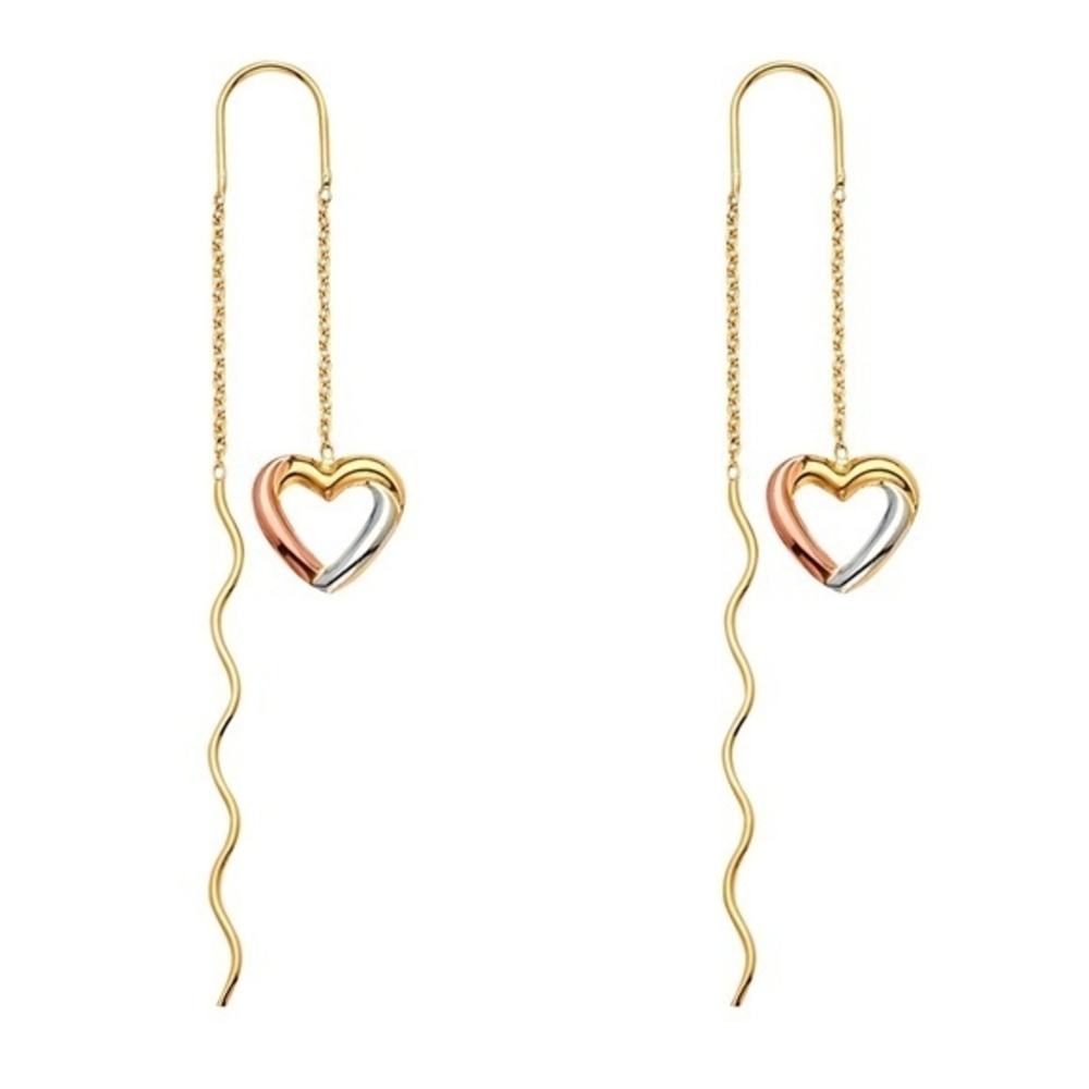 14k Solid Tri Color Gold Dangling Heart Earrings
